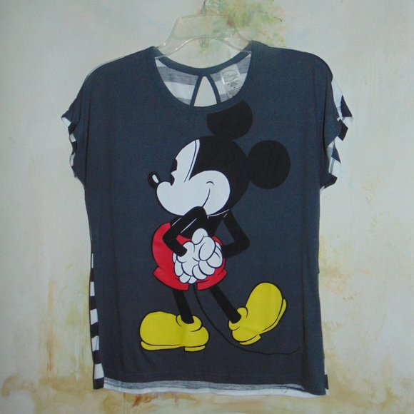 Disney Women Top Medium Gray T-Shirt Graphic Mickey Mouse Back Striped Keyhole - Picture 1 of 5
